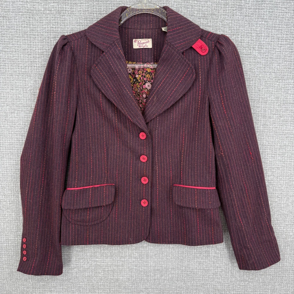 Original Penguin Blazer Jacket Women Size 4 Purple Wool Silk Lined Boho Vintage